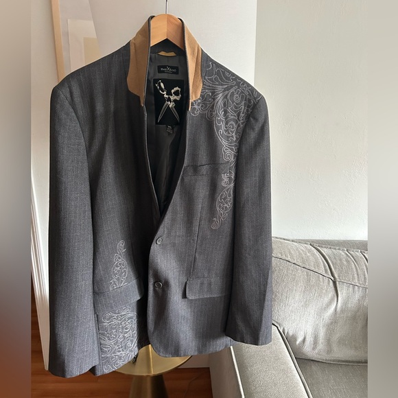 Marc Ecko Gray Cut Sew Grunge Embroidery Preppy Suit Jacket Blazer XL - Picture 1 of 14